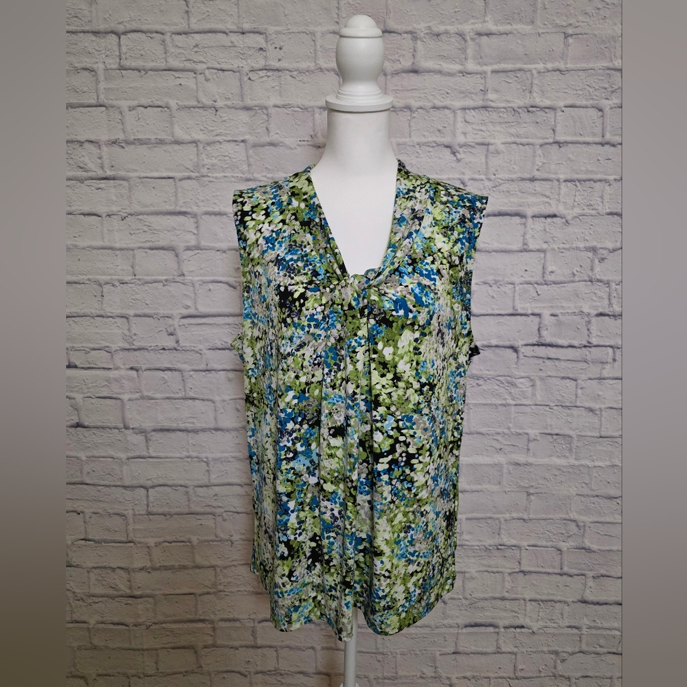 Kasper Blue and Yellow Sleeveless Blouse with Pleated V-Neck